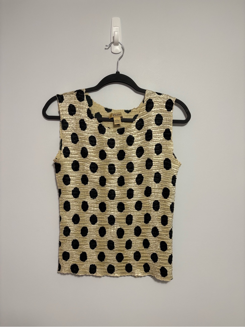 Vintage PLISSÉ Polka Dot Sleeveless Tank Top — Tan & Black